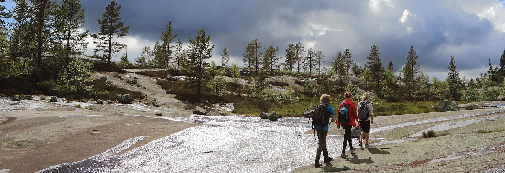 gruppe vandrer over svaberg