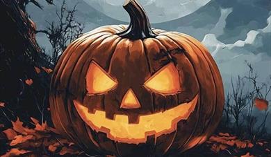 Gresskar og fullmåne, Halloween-illustrasjon, Åmdals Verk gruver.