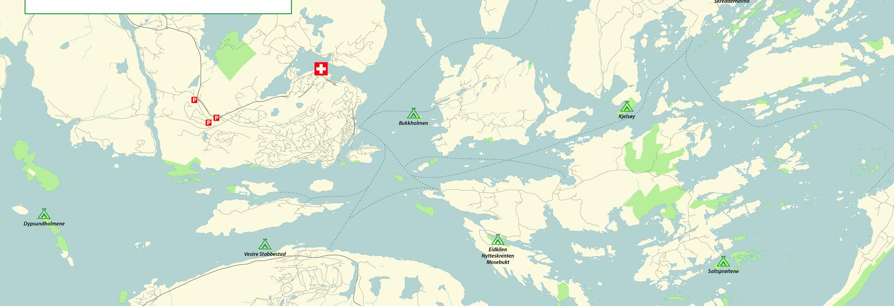 Kart over anbefalte teltplasser i Kragerø
