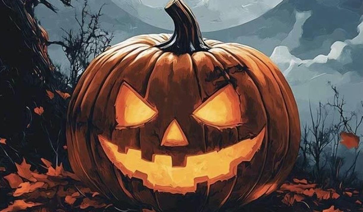 Gresskar og fullmåne, Halloween-illustrasjon, Åmdals Verk gruver.