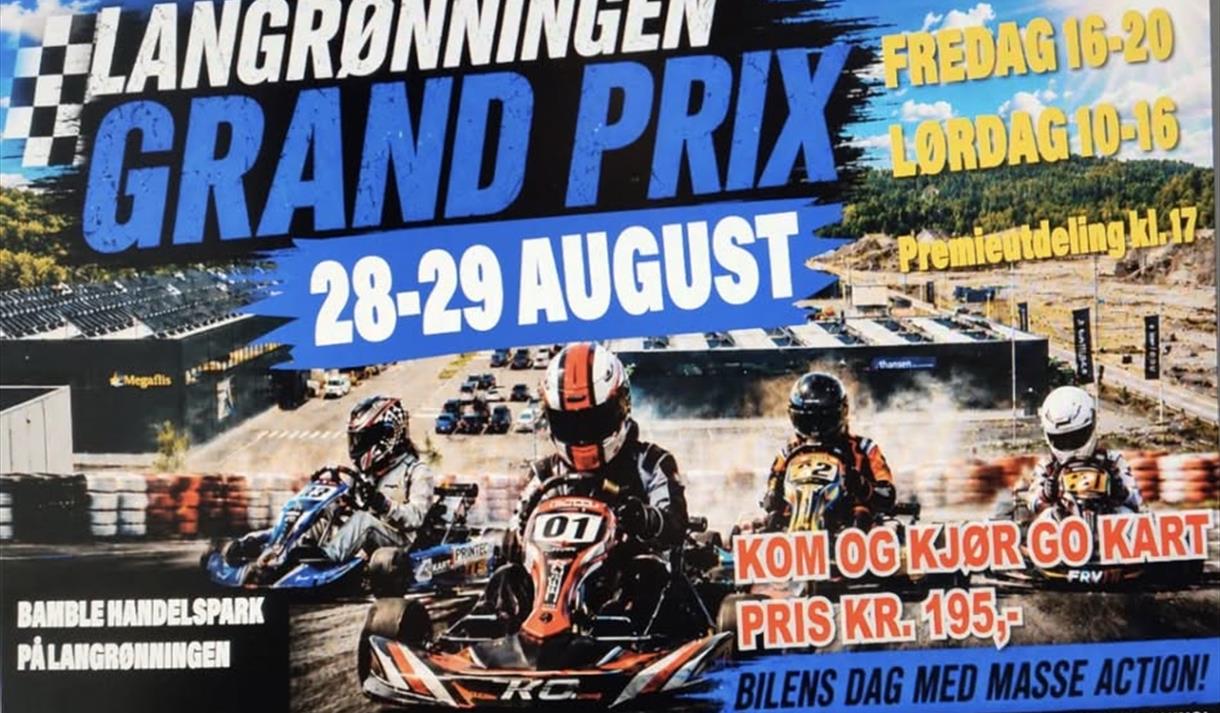 plakat med go kart, kjørere med hjelmer og skrift på bilde