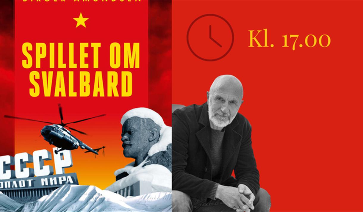 rød plakat med gul skrift, 2 menn