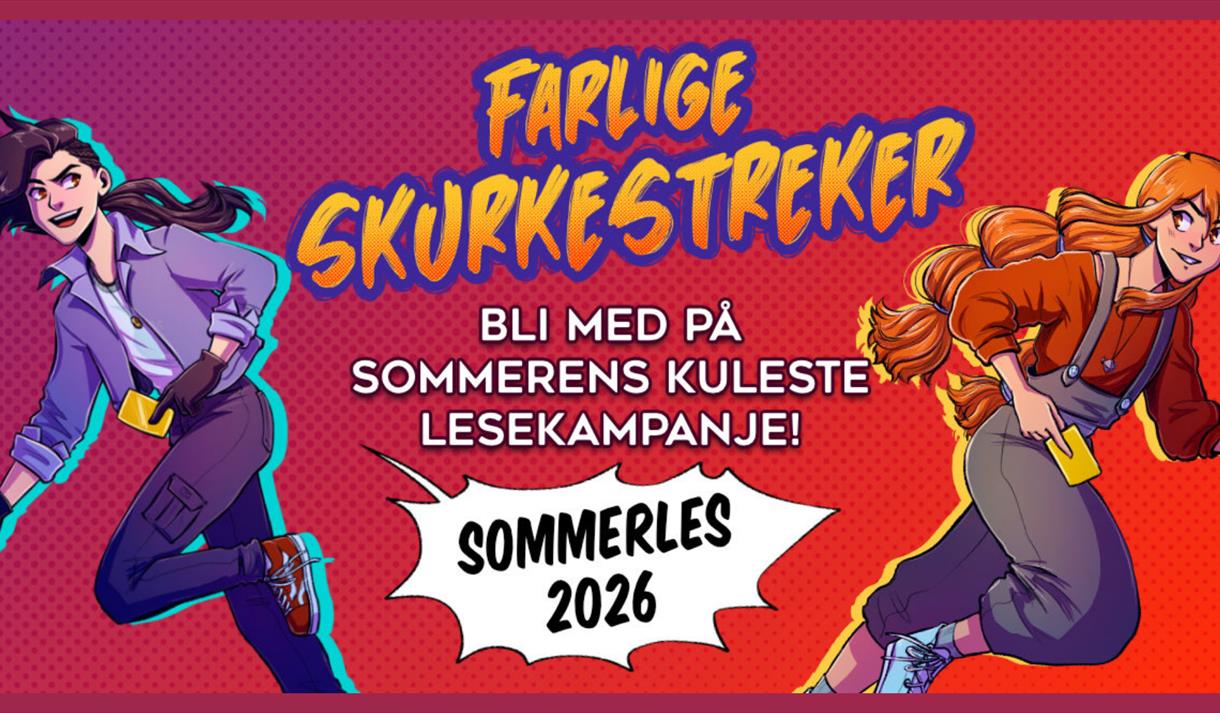 rød plakat med to figurer som løper til hver sin side,