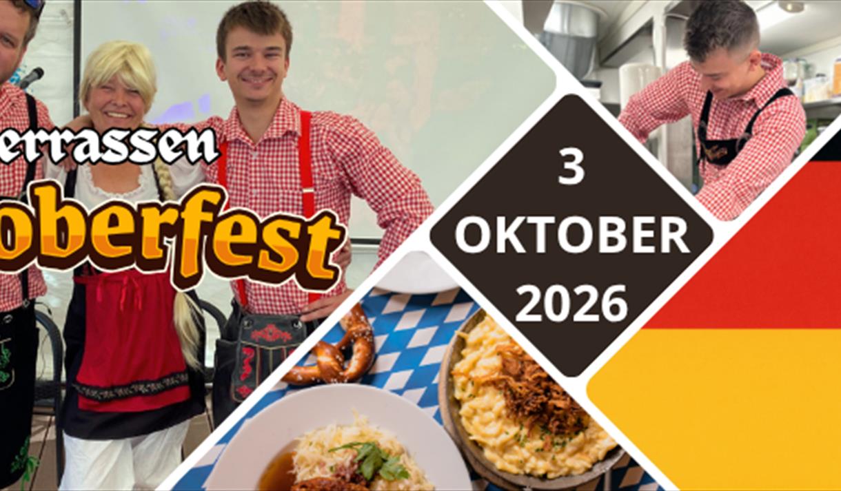 plakat med 3 mennesker, en dame og to menn, mat og en som lager mat