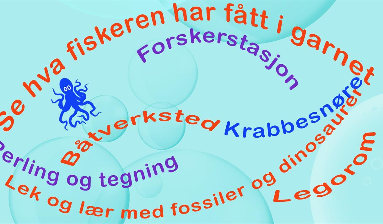 turkis plakat med tekst i rødt og blått