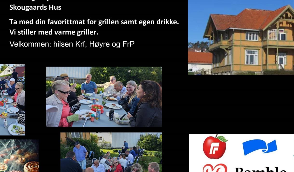 sort plakat med bider av mennesker som kose seg med mat og logo