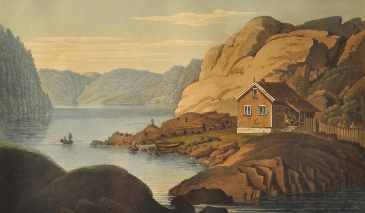 Tegningene til John William Edy ble trykket i "Boydell's picturesque scenery of Norway". I dette kobberstikket av John William Edy ser vi skysstasjonen "Rolighedhen" på Gumøy ved innløpet til Kragerø. Noen fisker, og noen sitter kanskje og spiller kort inne på skysstasjonen?  Trykket befinner seg i Berg-Kragerø museums samlinger, og har inventarnummer BKM.000383D.