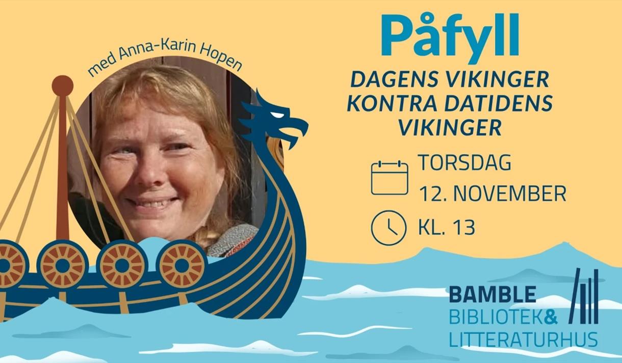 plakat med vikingskip, bilde av en dame på båten.