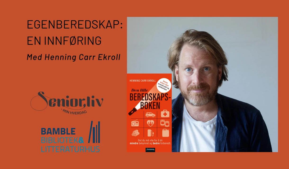 Mørkt oransje bilde med en mann med skjegg i fokus, sort skrift