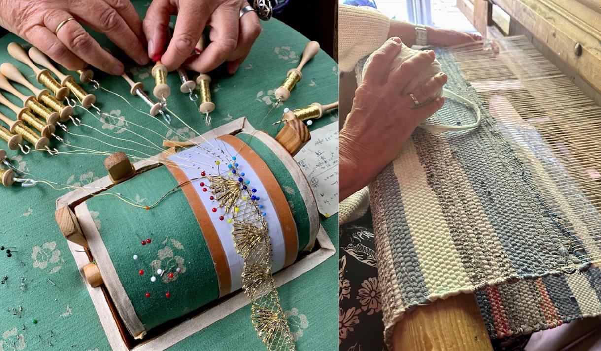 Demo av metallknipling og veving i husmannsstoga på museet i Eidsborg