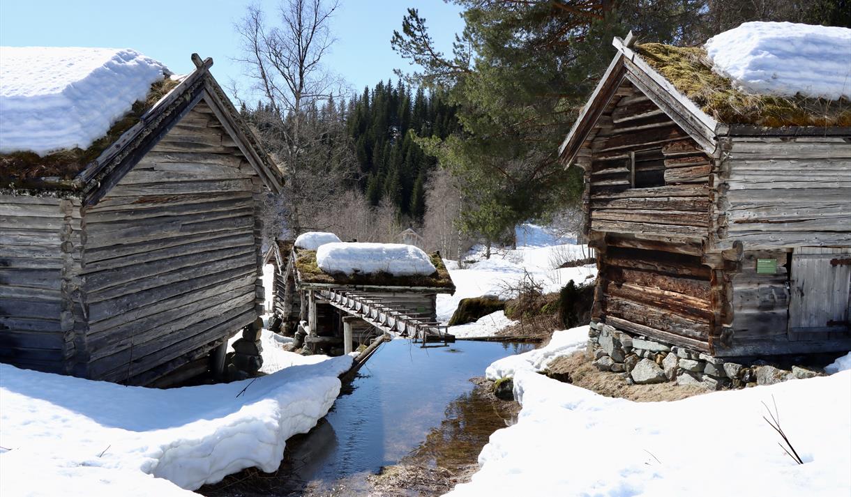 Gamle hus på Uppistog Vindlaus, Vest-Telemark museum.