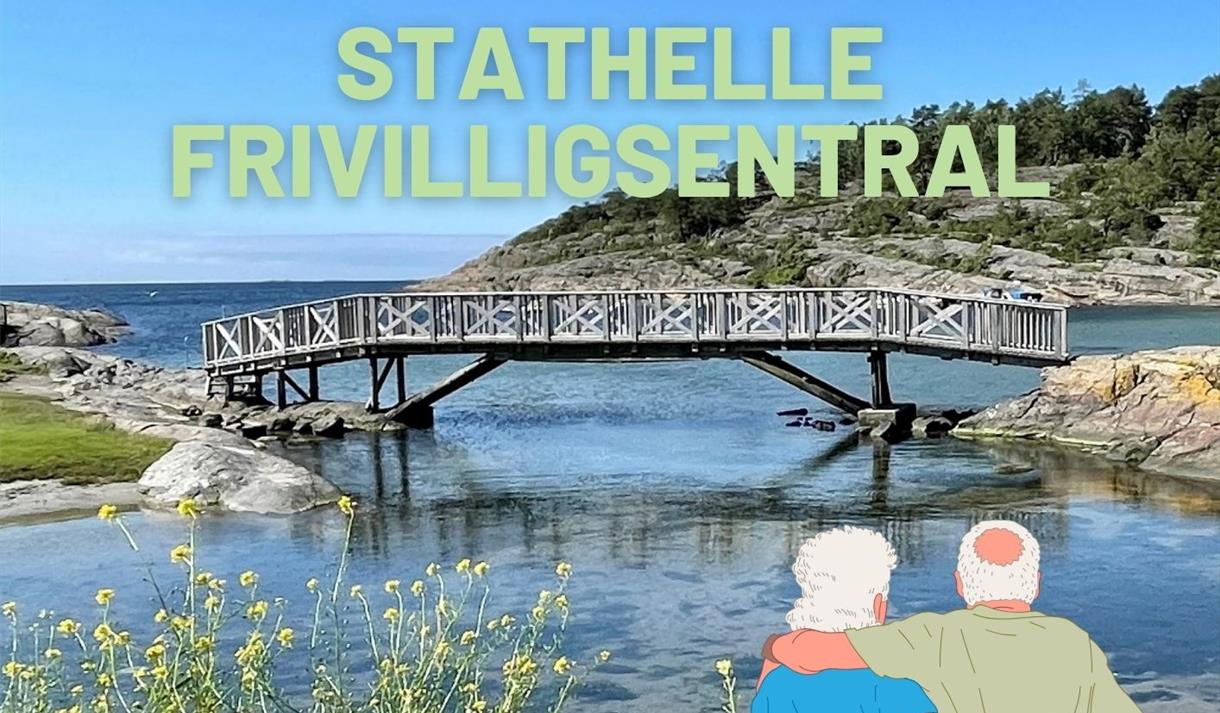 plak at med et eldre par med utsikt over vann med bro