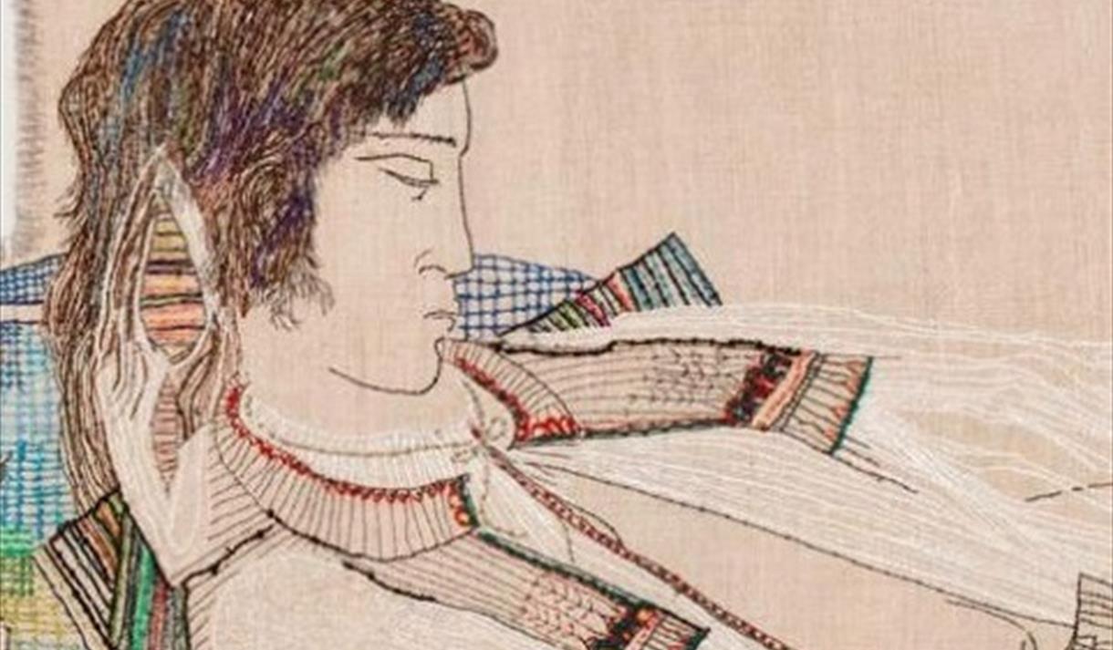 Olav Åsteson sover. Utsnitt av teppet til Torvald Moseid (1917-2000), ferdig i 1993