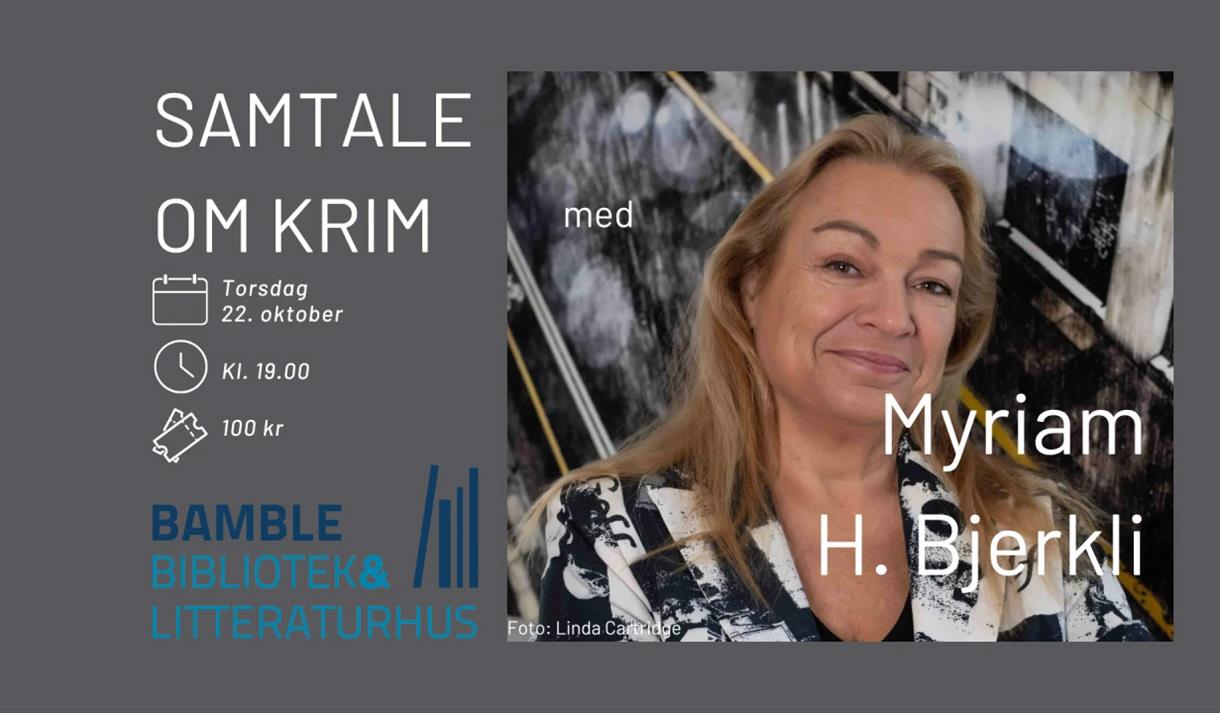 plakat i grått med hvit og blå skrift. biide av en dame med lyst hår