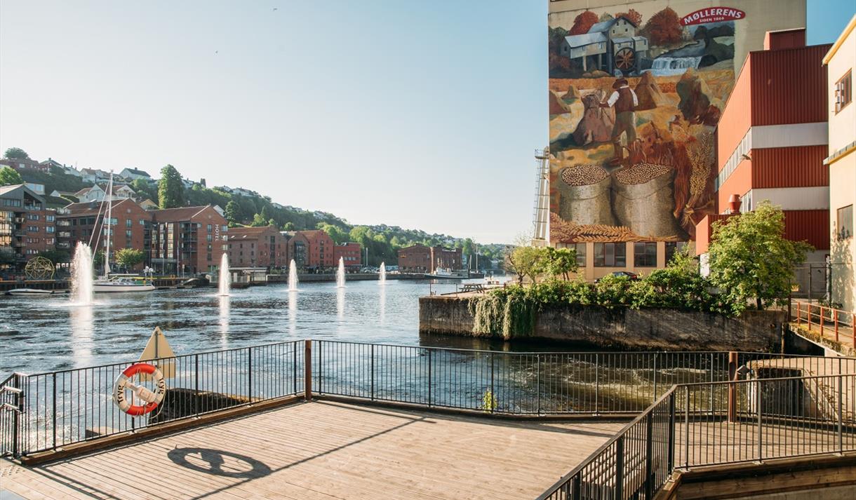 Skien by med laksetrappa og gatekunst på Møllaveggen