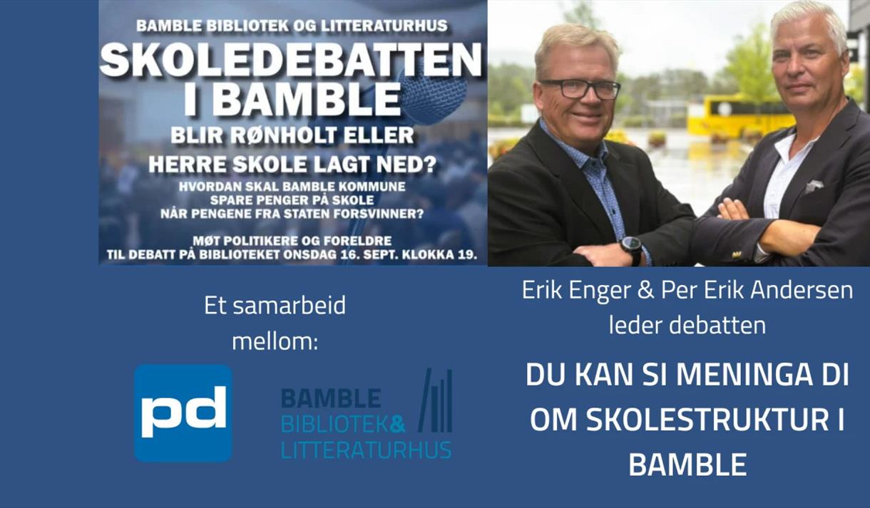 plakat med bilde av to lyse menn, hvit skrift på blå bakgrunn