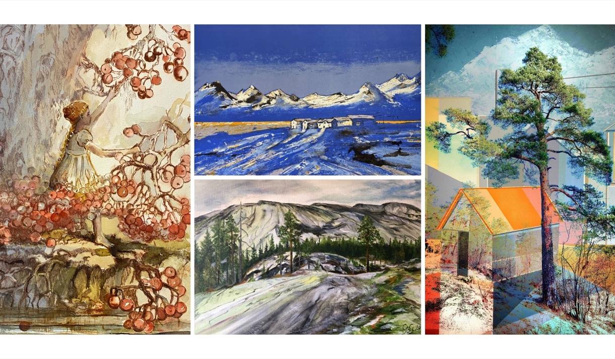 Collage fire kunstnarar, sommarutstillinga på Grimdalstunet 2025.