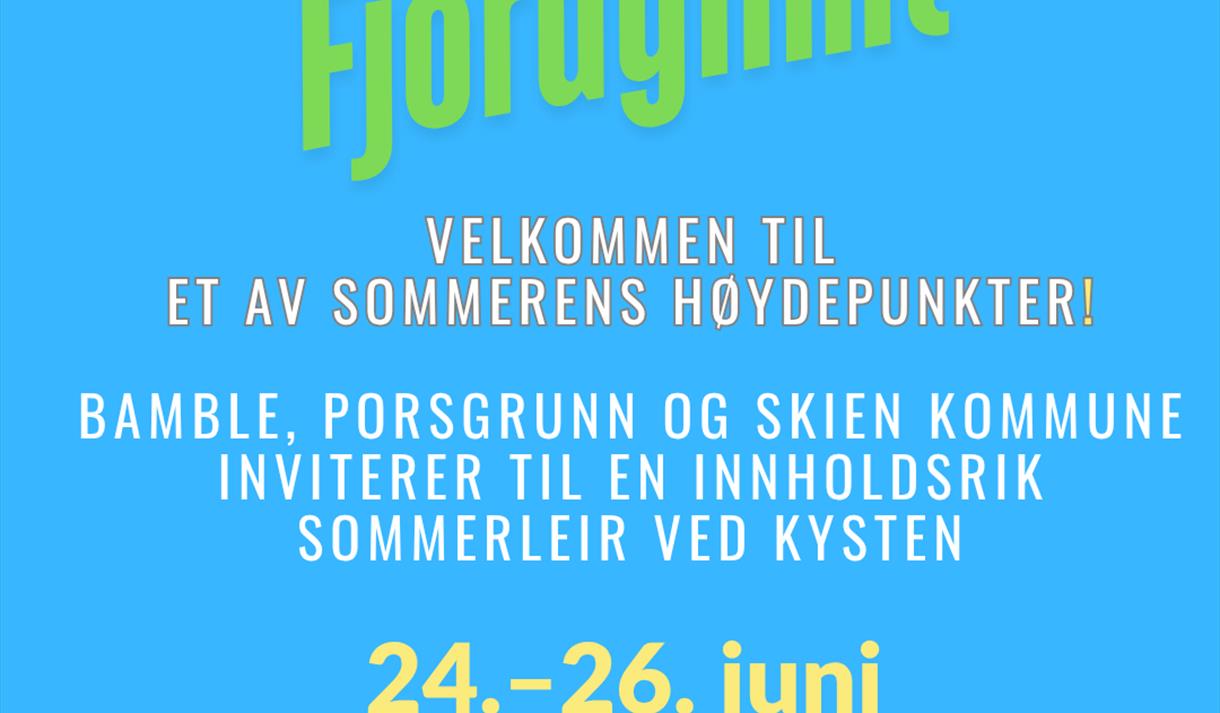 turkis plakat med grønn og gul skrift, gul sol