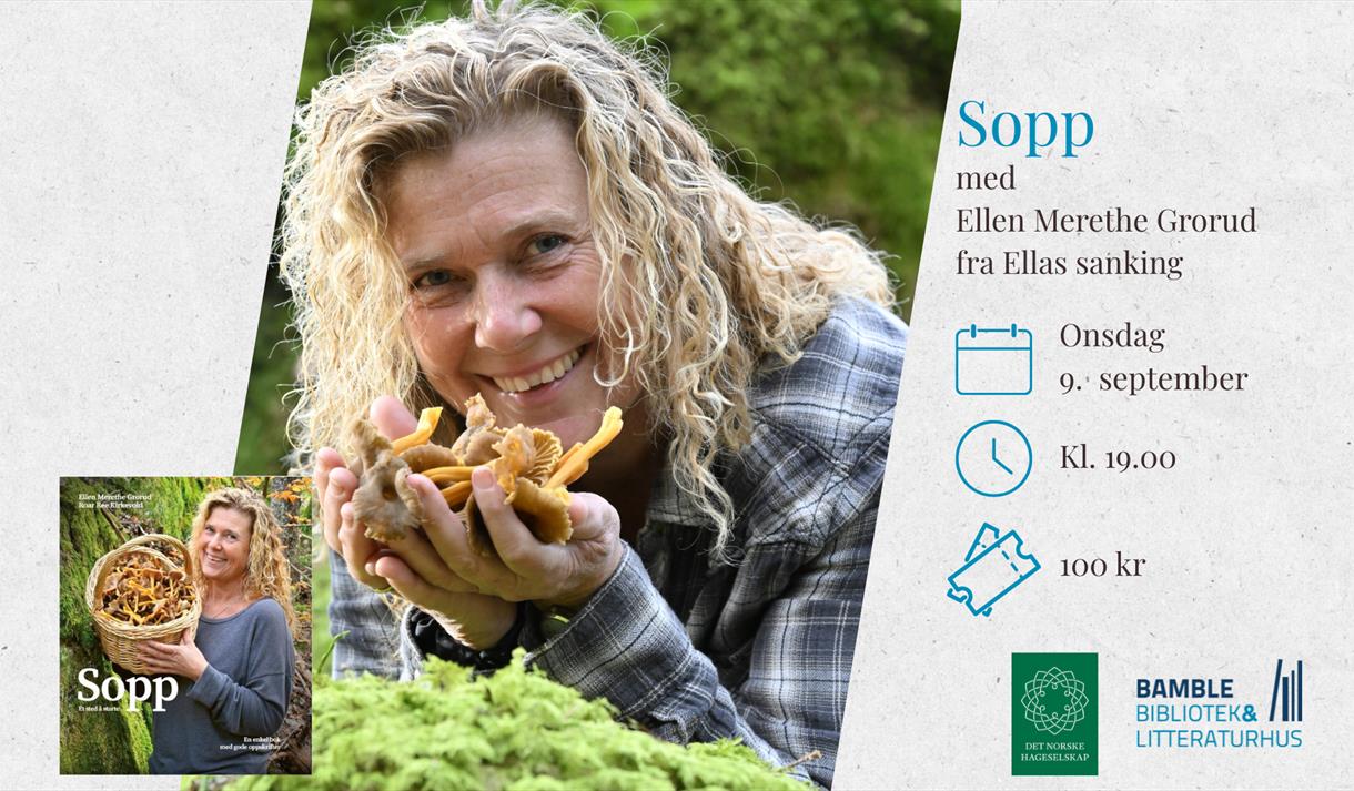 plakat med dame i blårutete skjorte, lyst krøllete hår