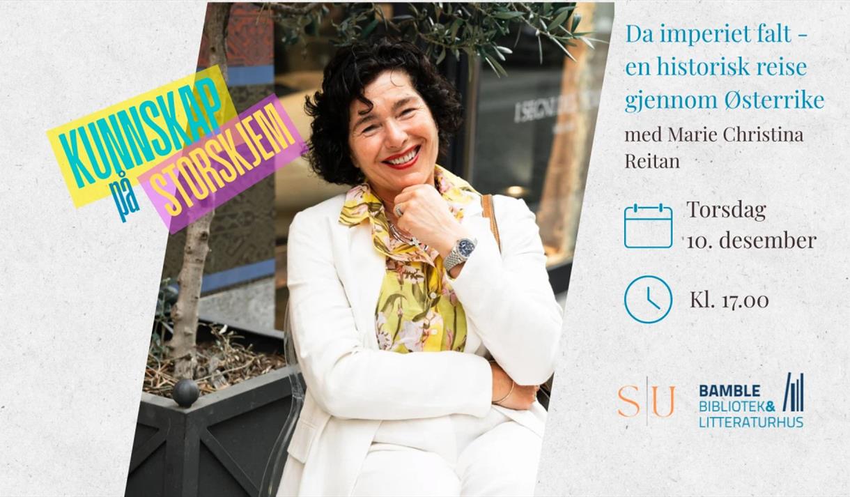 plakat med mørkhåret dame, i hvit jakke