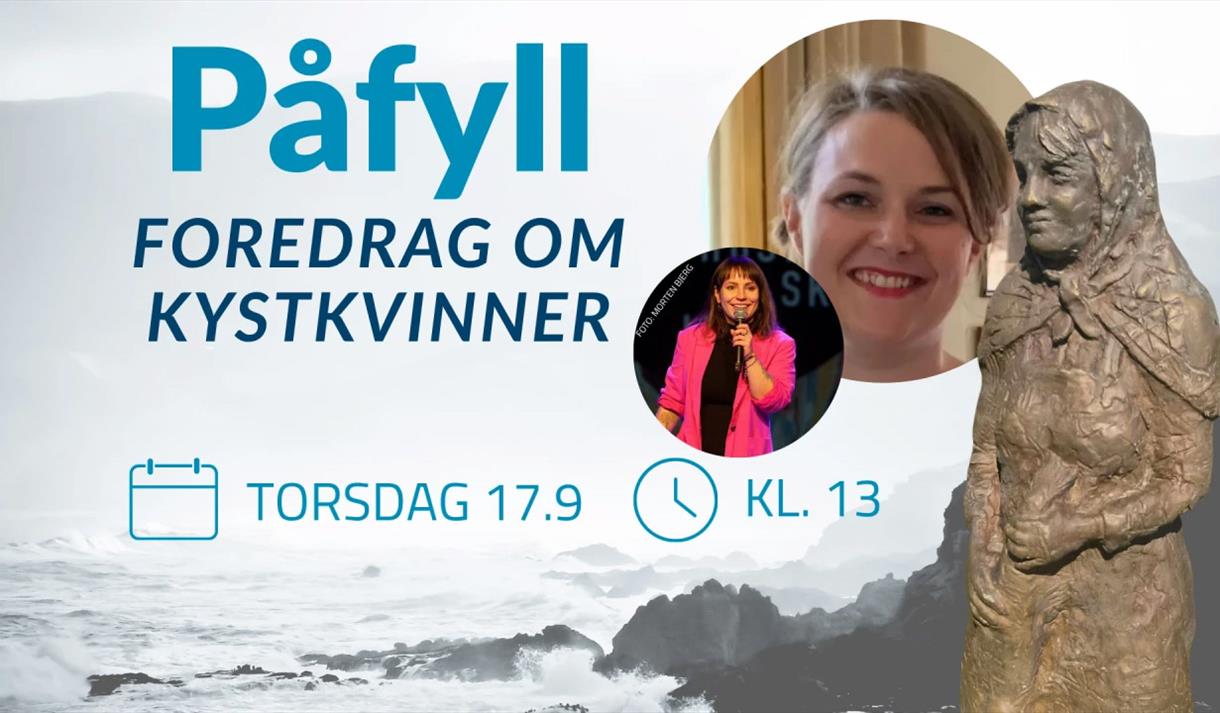 plakat med to runde bilder av damer m mørkt hår, statue i bronsje av en dame med skaut
